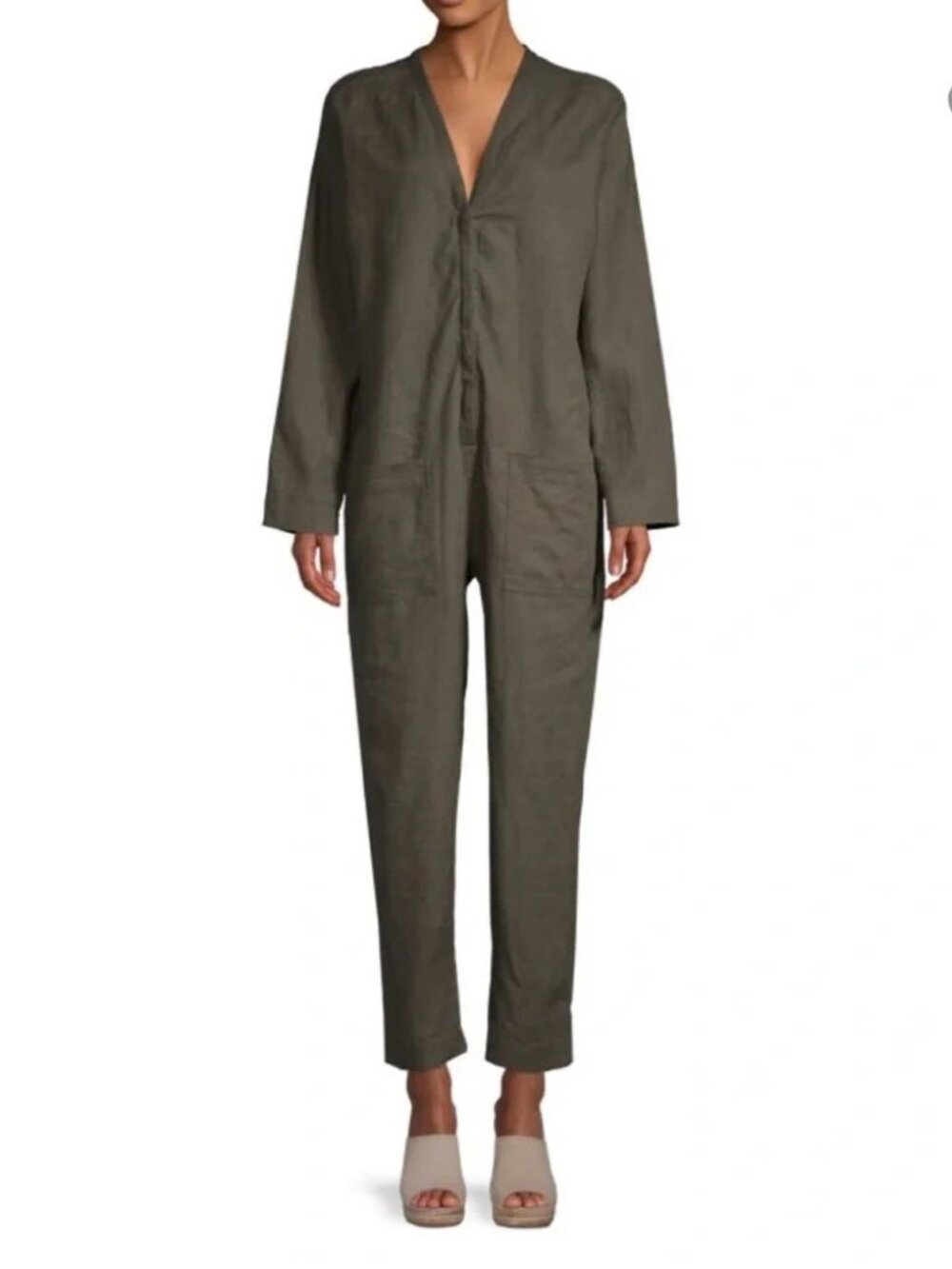 James Perse Women 0 XS V Neck Jumpsuit Olive Green Relaxed Fit Long Sleeve Linen